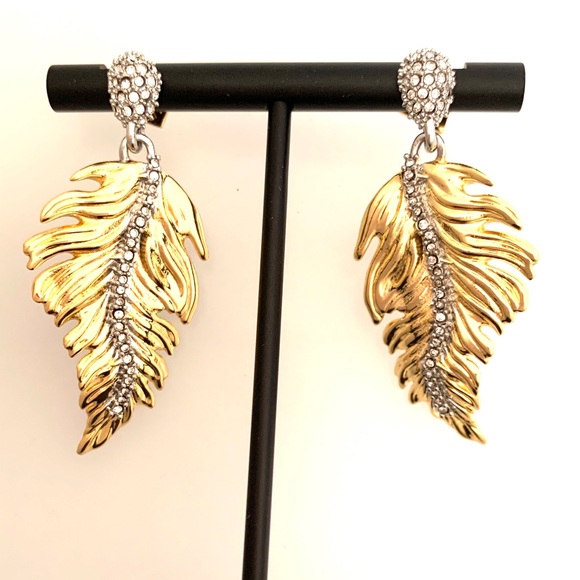 Alexis Bittar Gold Georgian Feather Swarovski Crystal Post Drop Hinged Earrings - Picture 7 of 15
